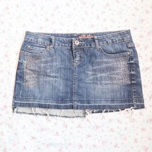 rhinestone denim mini skirt y2k mcbling raw hem jean skirt